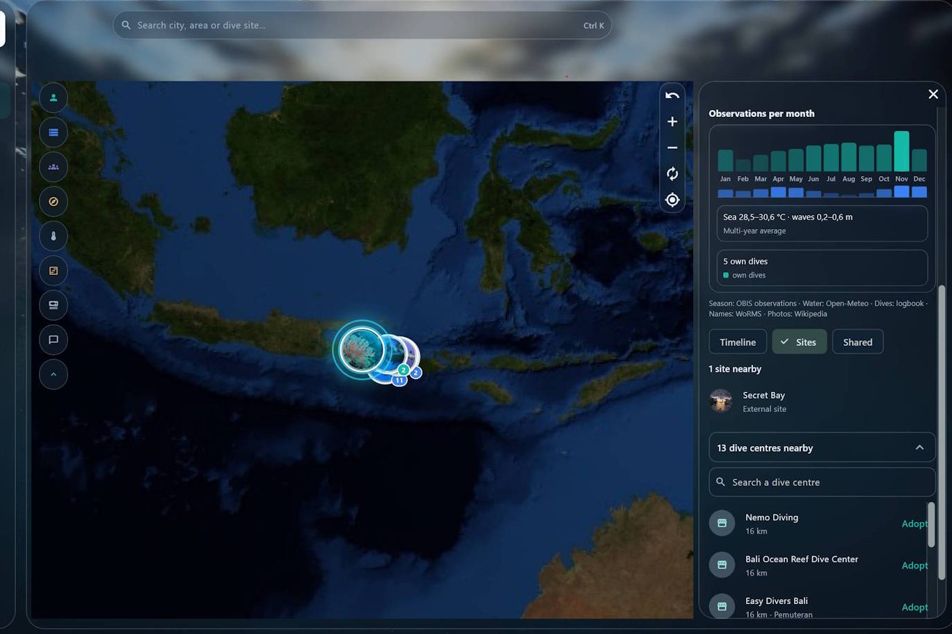 Dive centres nearby a site on the SharkPoint globe