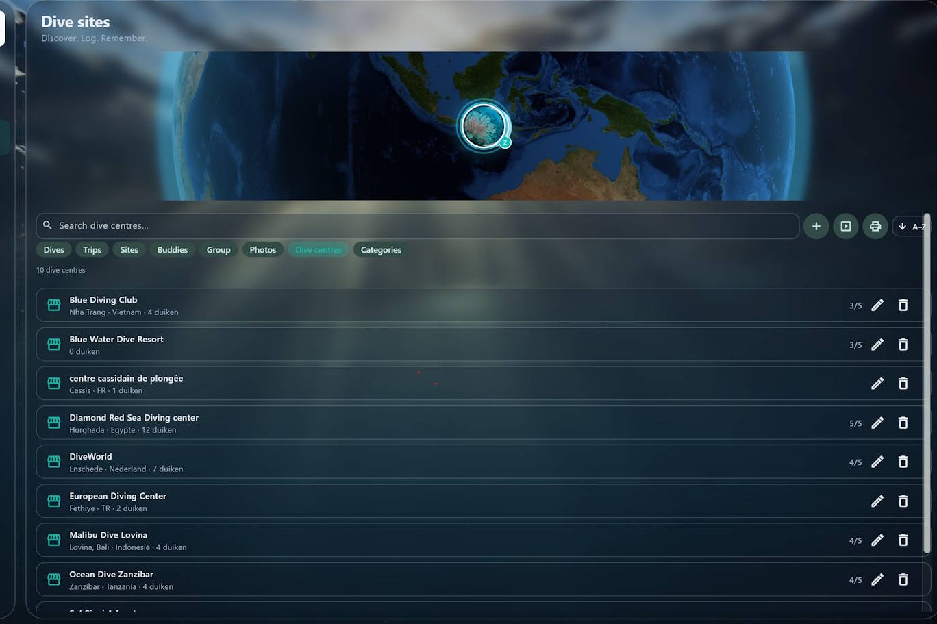 Dive centres list in the SharkPoint logbook
