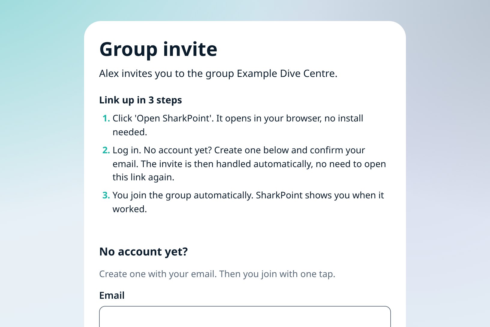 The SharkPoint join page a diver sees after scanning your QR code