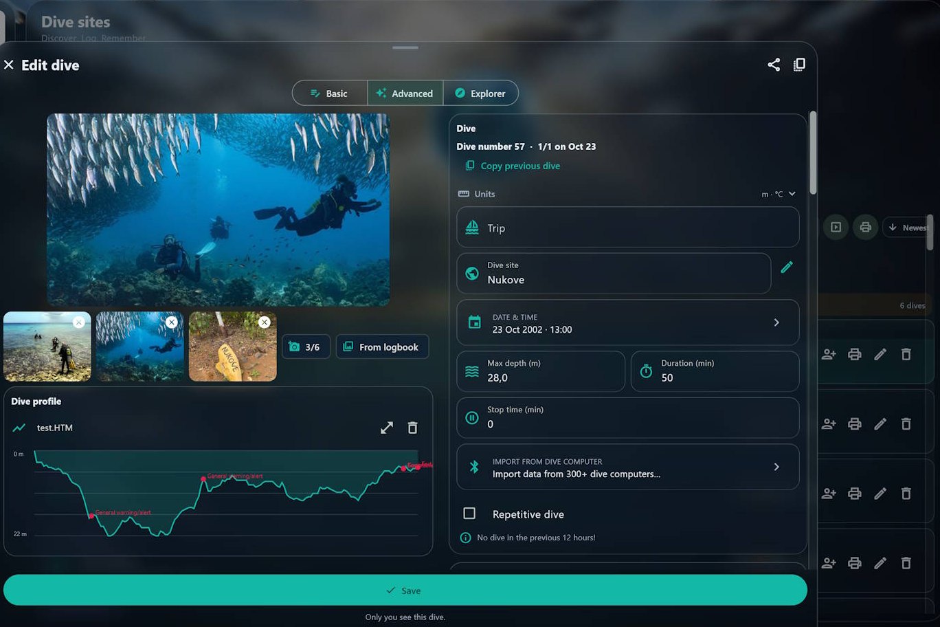 Dive editor with photos and dive profile