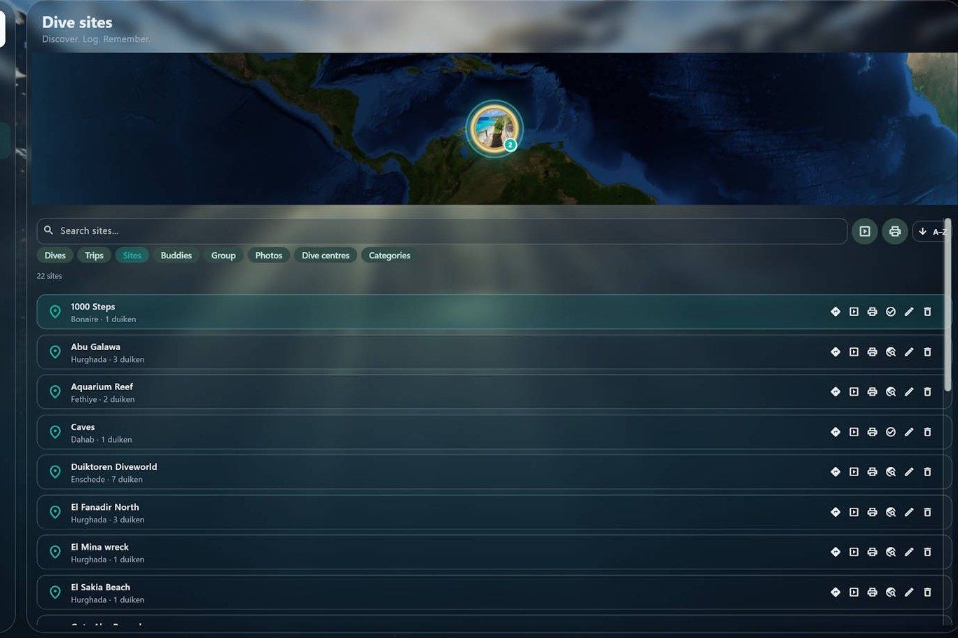 Dive sites list in the SharkPoint logbook